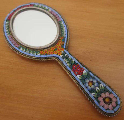 VINTAGE MINIATURE MICRO MOSAIC LADIES HAND MIRROR WITH SILVER PLATED BACKING OVER BRASS