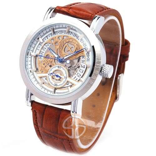 GOER  Skeleton Eligant Leather Mens Mechanical Watch.