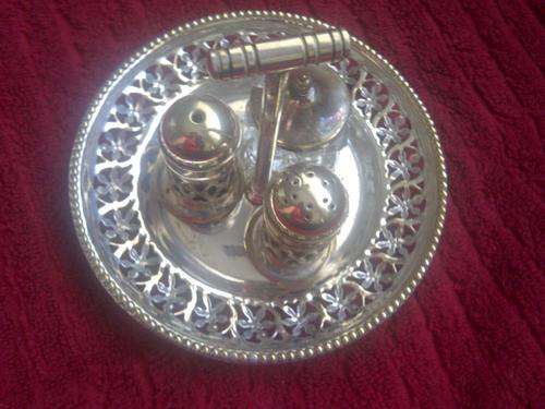 Small silver SALT & PEPPER SET WITH MUSTARD POT