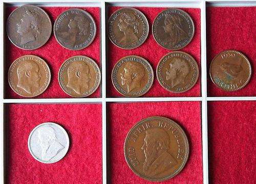 9 South African Coins incl. Kruger ZAR 1 Penny 1898 and 6d 1897