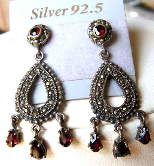 Pretty Silver, Marcasite and Garnets Earrings.