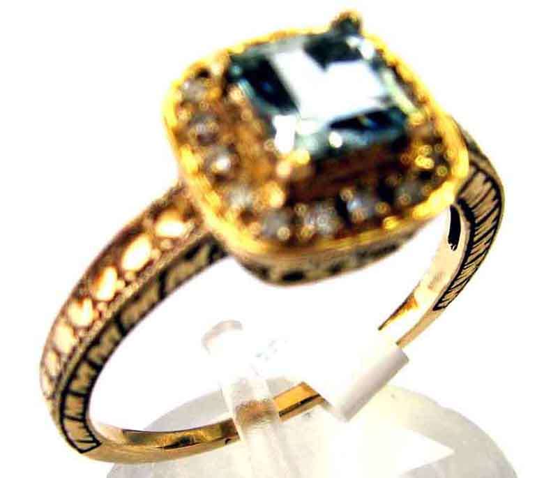 Solid- 9ct Gold , Genuine Aquamarine & Diamonds Ring