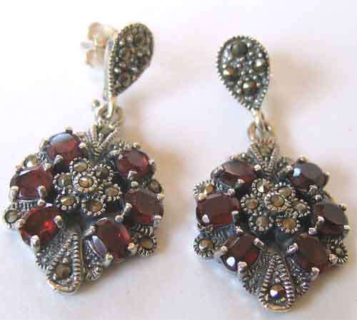 Sterling Silver, Marcasite and Garnets - Earrings .