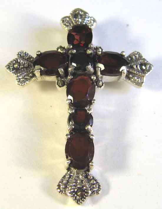 Sterling Silver, Marcasite  and Garnets - Cross/ Pendant