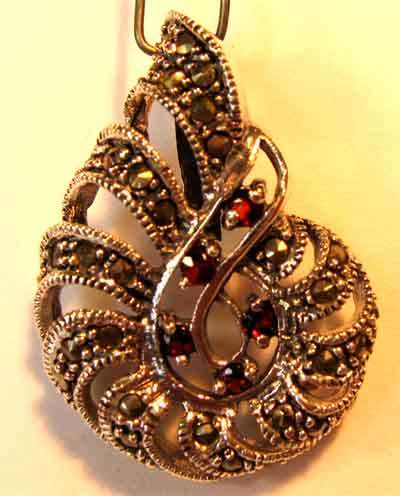 Beautiful -Sterling Silver, Marcasite  and Garnets -'' Amonite '' Pendant