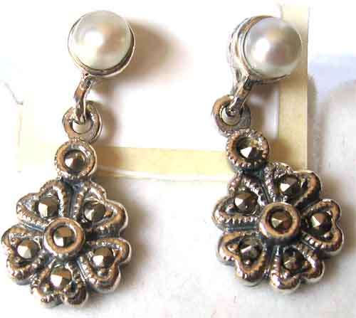 Lovely pair of Sterling Silver, Marcasite  and  Pearl -  Earrings .