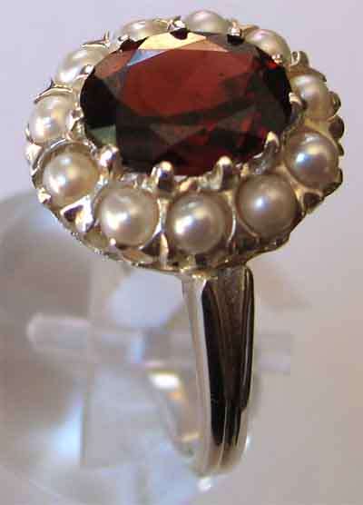 Lovely, Sterling Silver and Genuine Garnet & Seed Pearl  Ring
