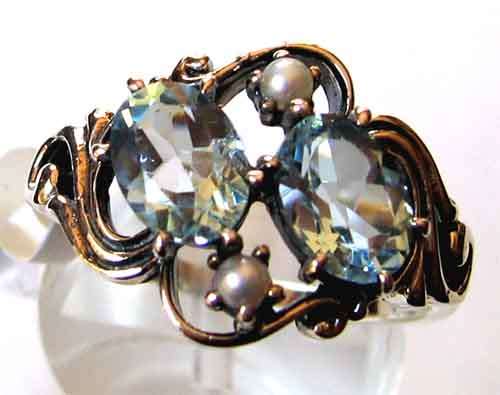 Stunning Genuine Blue Topaz and Seed Pearls Ring.