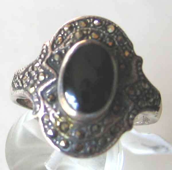 Solid 925 -Sterling Silver , Marcasite & Black Onyx-   Ring.
