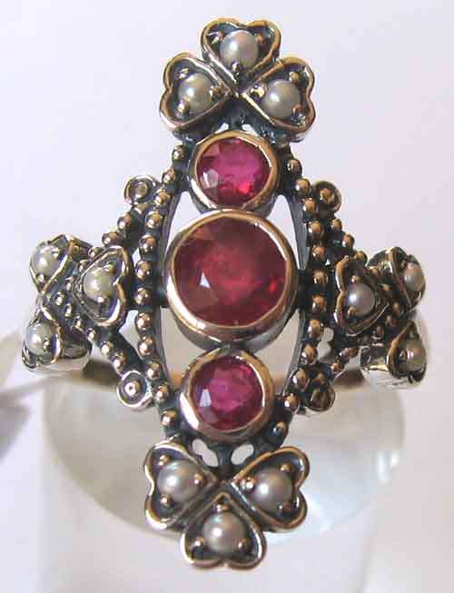 Beautiful -Sterling Silver and Genuine Rubies & Peals - Ring