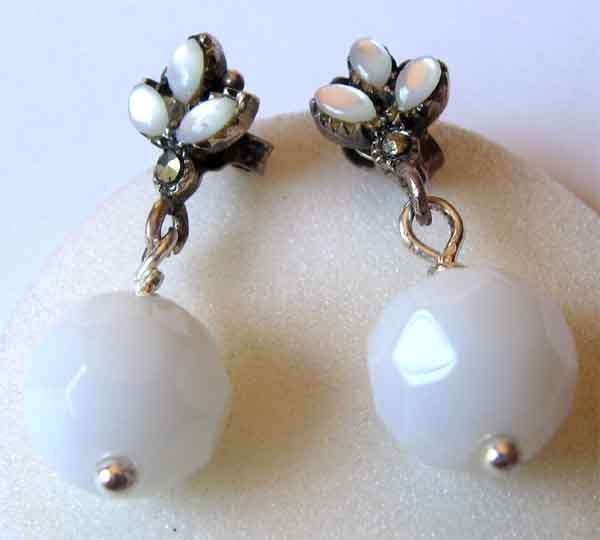 A pair of  Beautiful Sterling Silver,MOP, white Jade and Marcasite Earrings.
