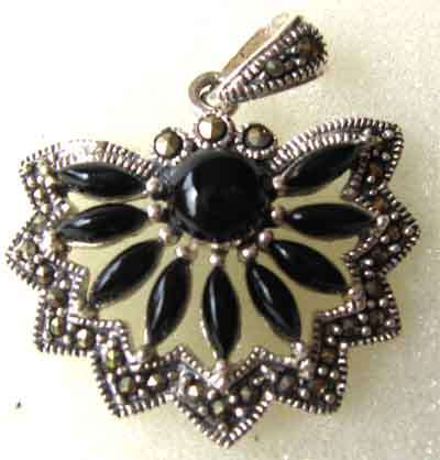 Lovely , Sterling Silver and Marcasite & Black Onyx Pendant