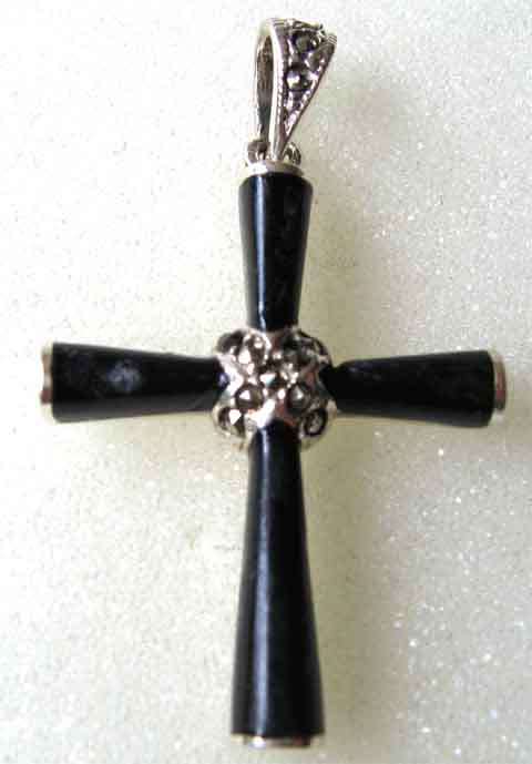Solid 925 -Sterling Silver , Marcasite and Black Onyx cross- Pendant