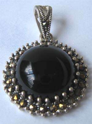 Beautiful -Solid 925 -Sterling Silver, Marcasite &  Black Onyx  Pendant