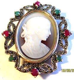925 Sterling Silver, Marcasite, Genuine Rubies & Emeralds Pendant and  Brooch.