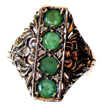 925 -Sterling Silver Genuine Emeralds and 6 Diamonds Ring.
