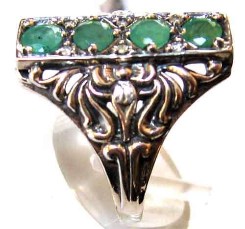 925 -Sterling Silver Genuine Emeralds and 6 Diamonds Ring.