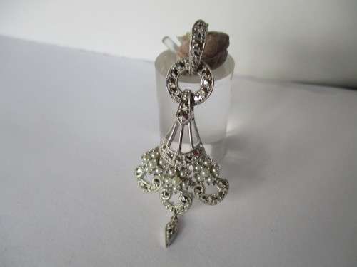 925 Sterling Silver , Genuine Swiss Marcasite and Genuine Japanese Seed Pearls Pendant.
