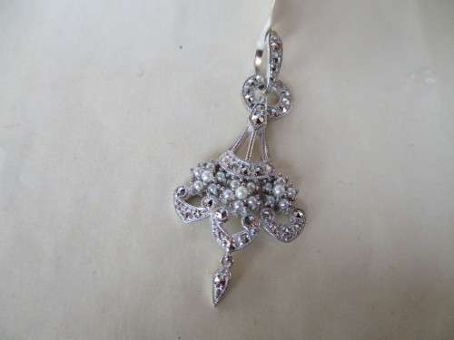 925 Sterling Silver , Genuine Swiss Marcasite and Genuine Japanese Seed Pearls Pendant.
