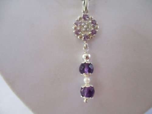 925 Sterling Silver ,Genuine Amethysts  and Seed Pearls Pendant