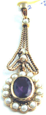 9ct Solid yellow Gold, Seed  Pearl and Amethysts Pendant