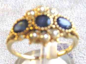 9ct Solid Yellow Gold and Genuine Blue Sapphires ans Seed Pearls Ring