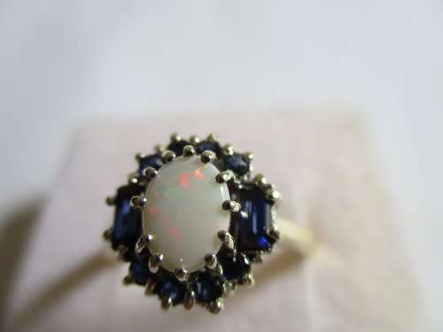 Genuine Blue Sapphire  and Opal in 9ct Solid Yellow Gold Ring