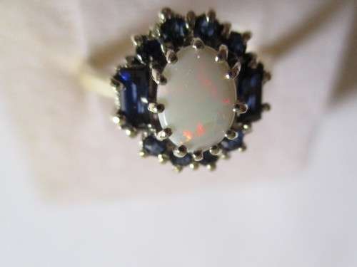 Genuine Blue Sapphire  and Opal in 9ct Solid Yellow Gold Ring