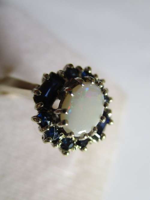 Genuine Blue Sapphire  and Opal in 9ct Solid Yellow Gold Ring
