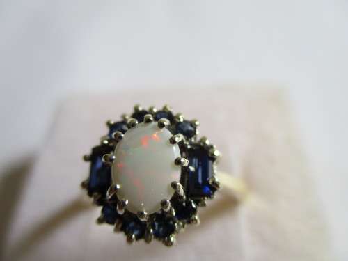 Genuine Blue Sapphire  and Opal in 9ct Solid Yellow Gold Ring