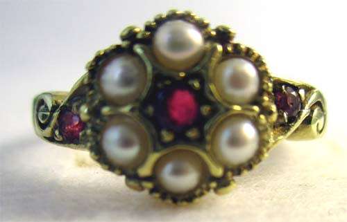14 K Yellow Gold Ring with Genuine Rubies and Pearls