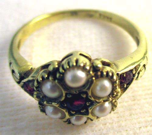 14 K Yellow Gold Ring with Genuine Rubies and Pearls
