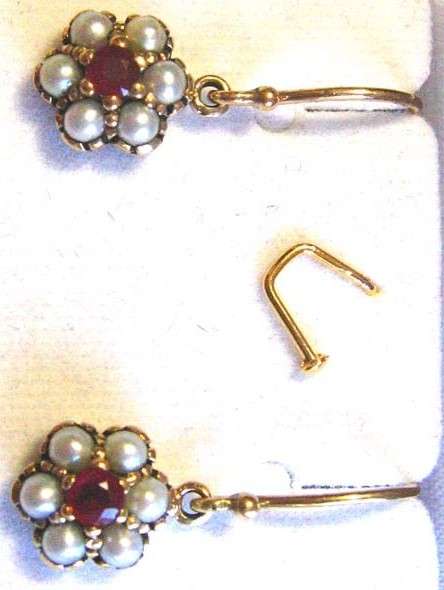 Genuine Yellow Gold Rubies and Pearls Earrings