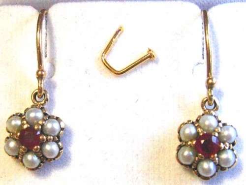 Genuine Yellow Gold Rubies and Pearls Earrings