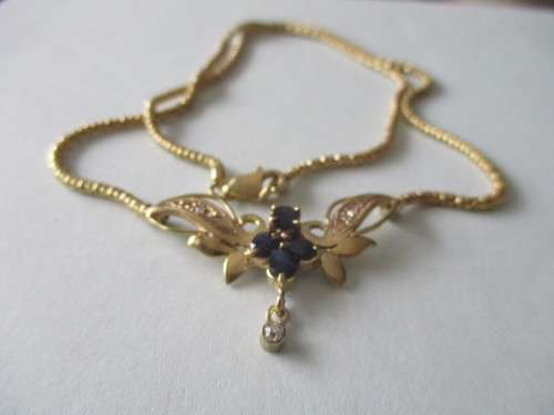 9ct. Solid  Yellow  Gold Necklace with Blue Sapphire and Diamonds