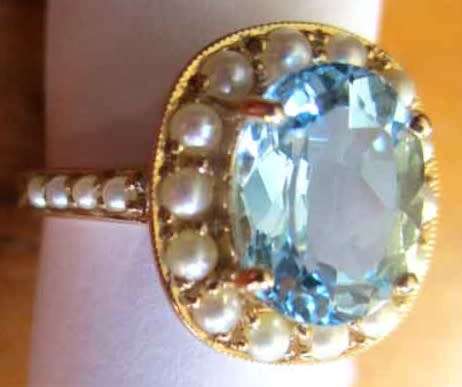 Genuine 9ct. Yellow Gold, Blue Topaz and Seed Pearls Ring