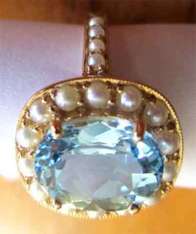Genuine 9ct. Yellow Gold, Blue Topaz and Seed Pearls Ring