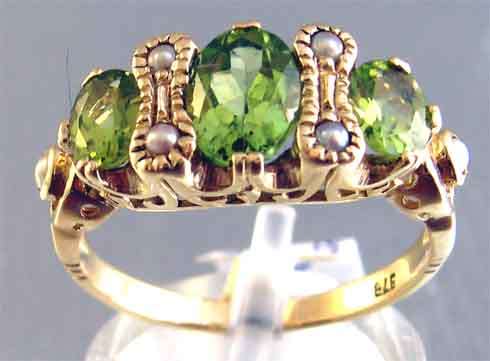 Genuine Peridots and Pearls on 9ct Solid Yellow Gold Ring