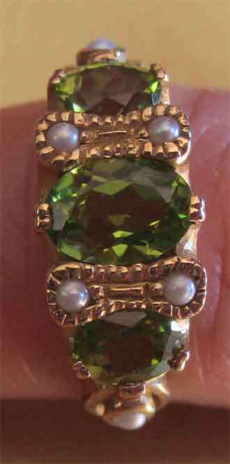 Genuine Peridots and Pearls on 9ct Solid Yellow Gold Ring