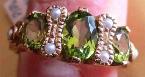 Genuine Peridots and Pearls on 9ct Solid Yellow Gold Ring