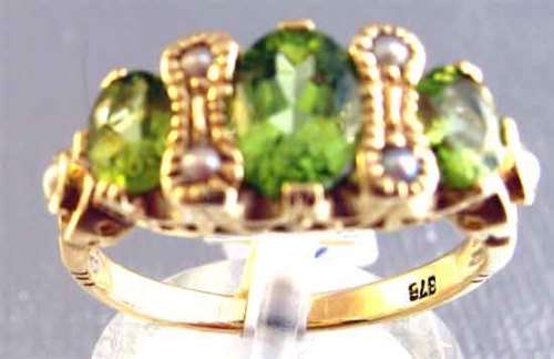 Genuine Peridots and Pearls on 9ct Solid Yellow Gold Ring
