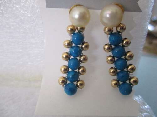 14 Kt Gold and Genuine Cultured Pearls and Turquoise Earrings