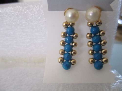 14 Kt Gold and Genuine Cultured Pearls and Turquoise Earrings