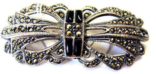 Clasic Sterling Silver, Marcasite and Black Onyx Brooch.