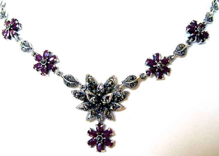 Beautiful , Sterling Silver , Marcasite and Genuine Rubies Necklace,