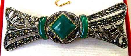 Silver, Marcasite and Green Agate -  Brooch.