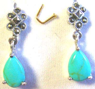 A Pair of Sterling Silver, Marcasite and Turquoise Earrings.