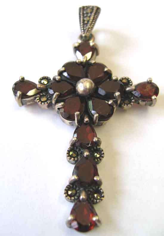 Sterling Silver , Marcasite and Garnets Cross / Pendant.
