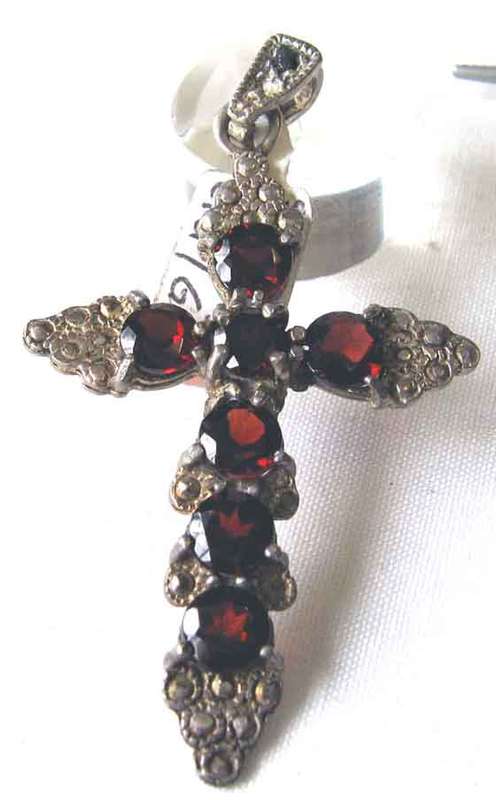 Genuine -Sterling Silver, Marcasite and Garnets Cross / Pendant.
