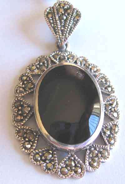 Superb - New 925 Silver , Marcasite and Black Onyx Pendant.